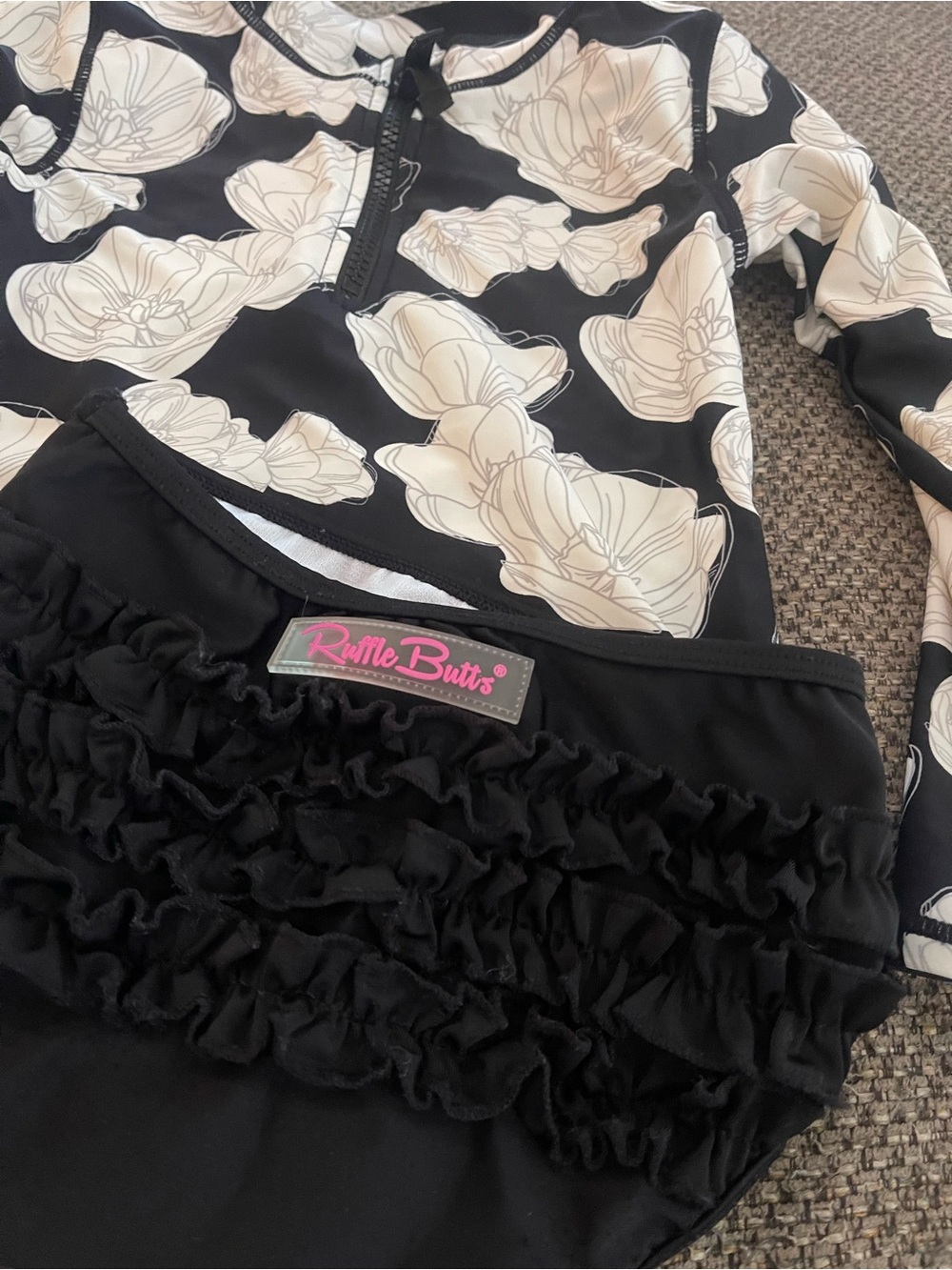 Ruffle Butts Black & Cream Floral Ruffle Rashguard Swim Set - Picture 3 of 3